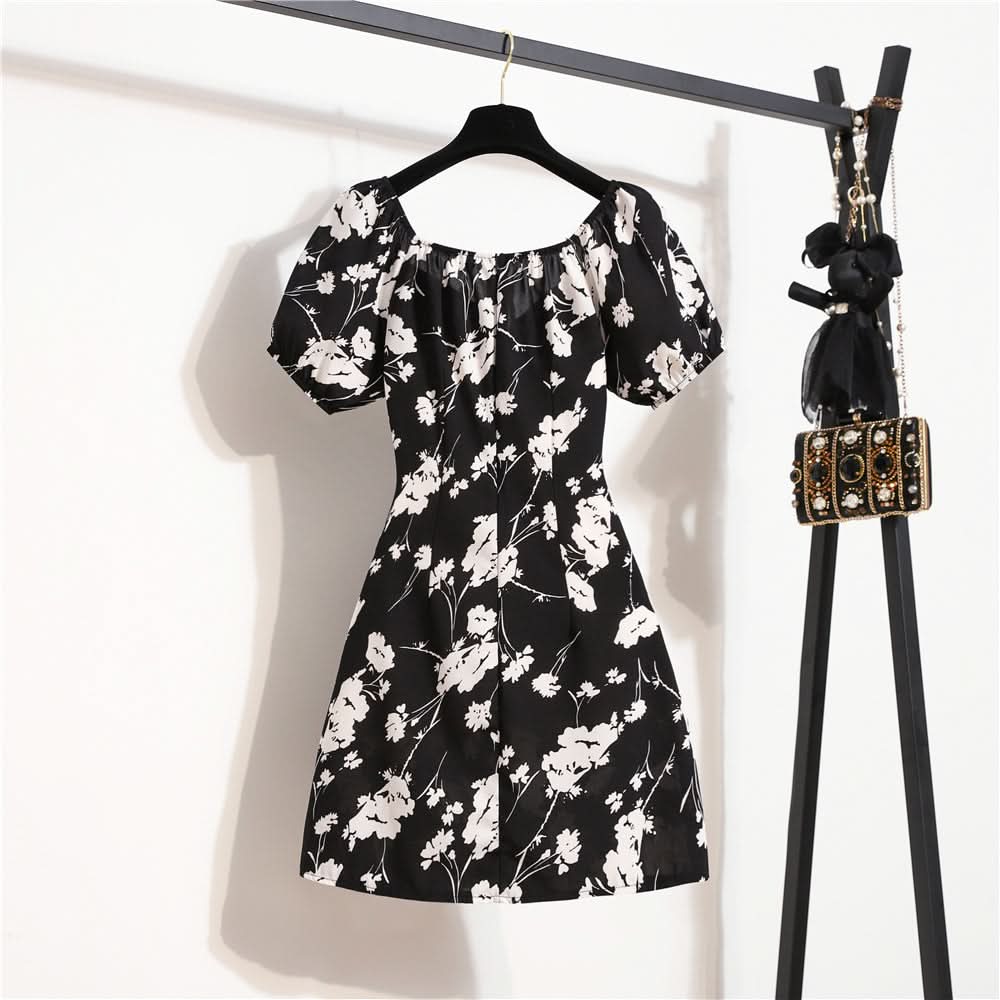Women Mini Dresses Summer Fashion Female Vestidos Print Floral Chiffon Dresses Shirring Pleated Short Puffy Sleeve Casual Dress - M & M Global
