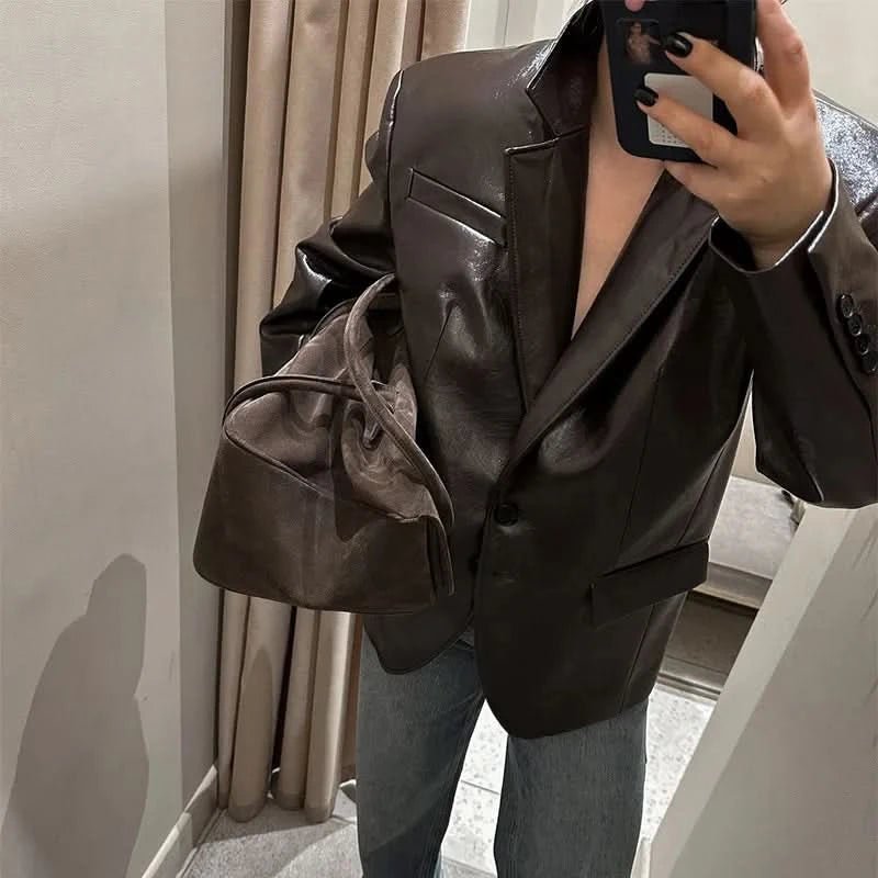 PU Leather Strapless Dresses Coat Women's Two Pieces Set Vintage Tube Sleeveless Slim Long Dress Lapel Jackets Street Outfits - M & M Global