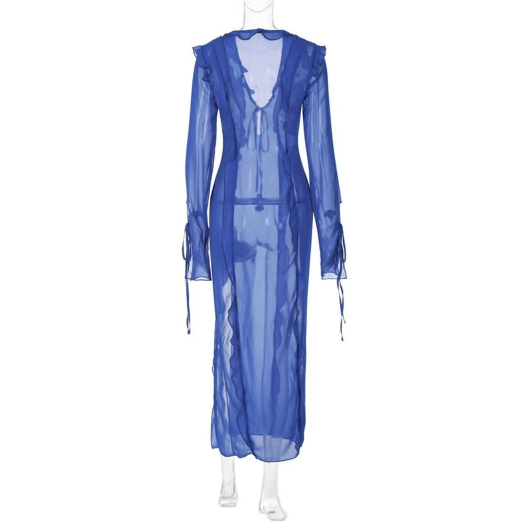 Deep V Neck High Split Long Dress Ruffles Beach Cover Up Bikini Cover-ups Beach Dress Beach Wear Beachwear Female Women V4440 - M & M Global