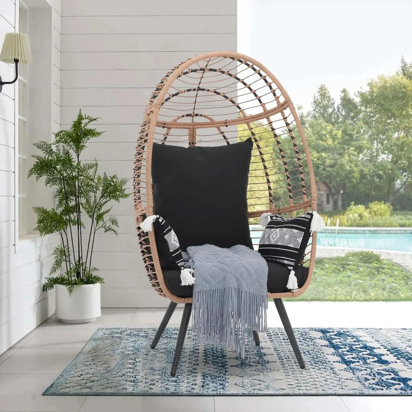 Wicker Egg Chair, Oversized Indoor Outdoor Lounger Large Egg Basket Chair with Stand and Cushions for Patio Porch, Backyar