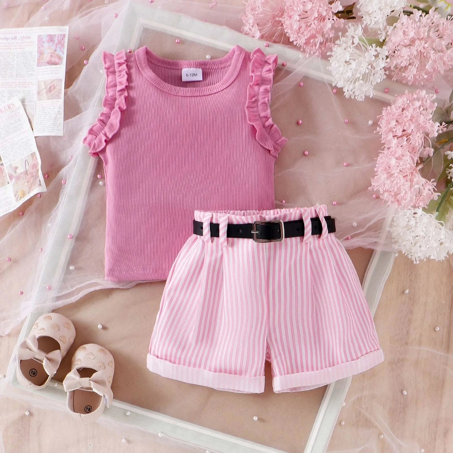 3PCS Summer New Style Comfortable And Fashionable Pink Pit Strip Vest + Shorts Set For Girls Aged 0-3 - M & M Global
