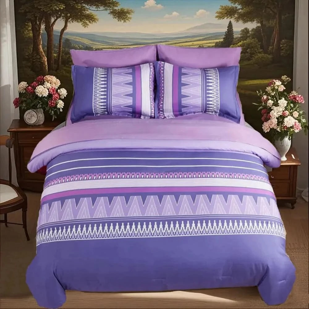 Purple and white patterned bedding set on a bed with floral arrangements and a scenic wall painting in the
7-piece microfiber bedding set
All-season bed comforter
Soft brushed microfiber bedding
Luxury quilt set for queen bed
Fade-resistant bedding set
Machine washable comforter set
Elegant bedroom decor
Gift bedding set for women
Hypoallergenic bedding
background.