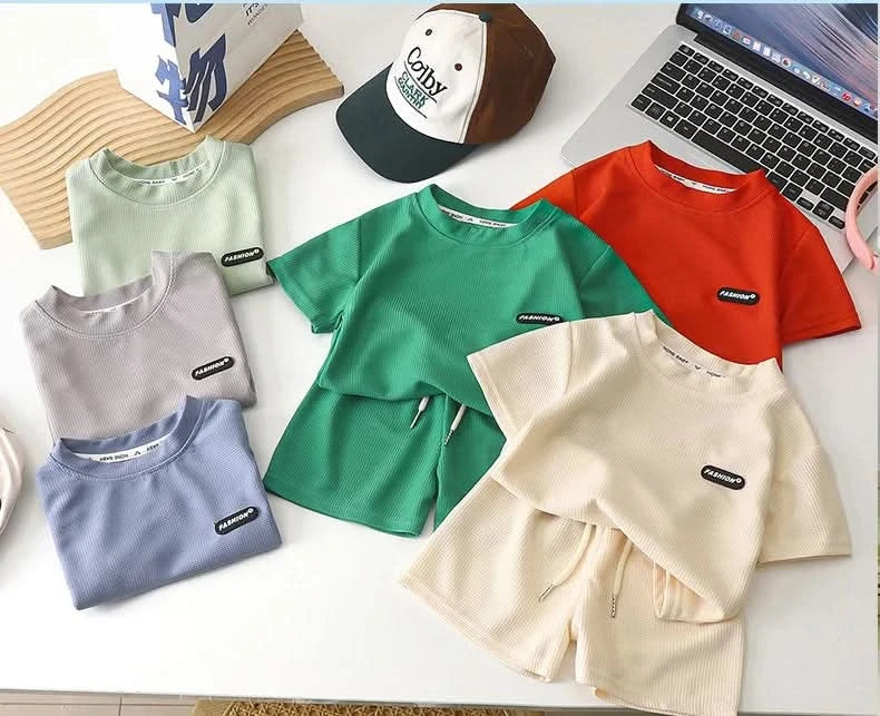 New Summer Children's Casual Set for Boys Girls Loose Short Sleeved Waffle Breathable and Comfortable Set - M & M Global