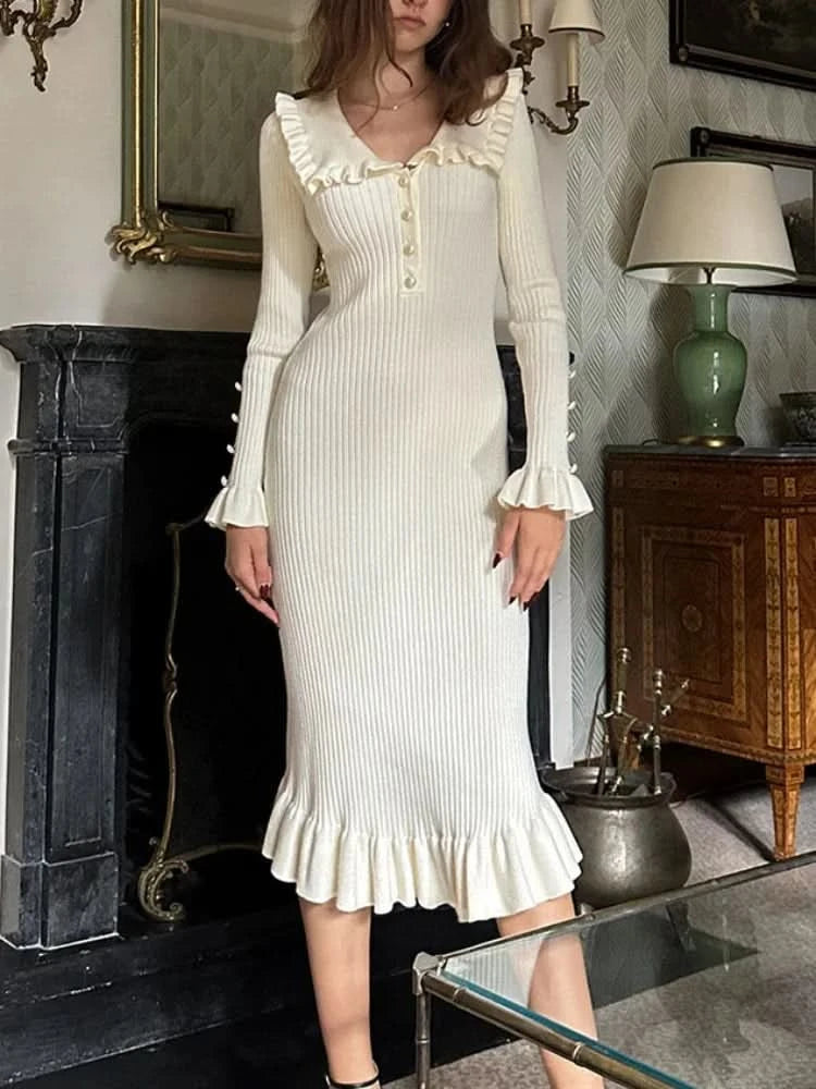 TARUXY High Waist Ruffled Maxi Dresses For Women Autumn Winter Knitted Slim Long Dress Women's Vintage Dress Woman Retro Elegant - M & M Global