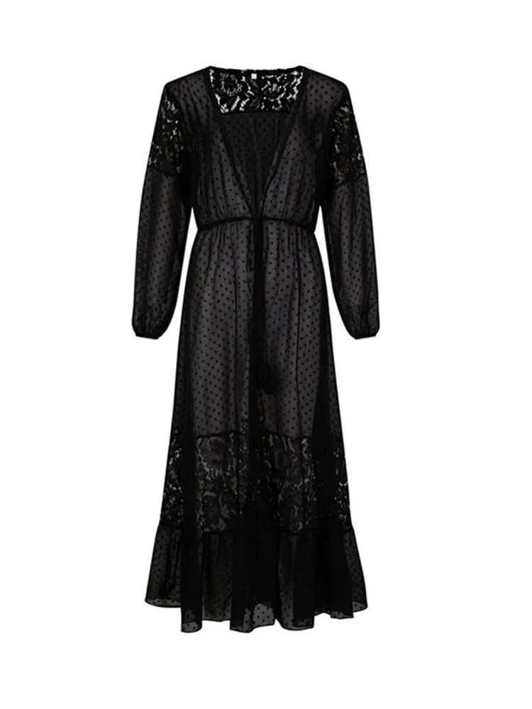 Summer Women Lace Patchwork Bikini Chiffon Beach Dress Cover Up Kimono Polka Dot Lace-up Cardigan Swimwear Long Sleeve Holiday - M & M Global