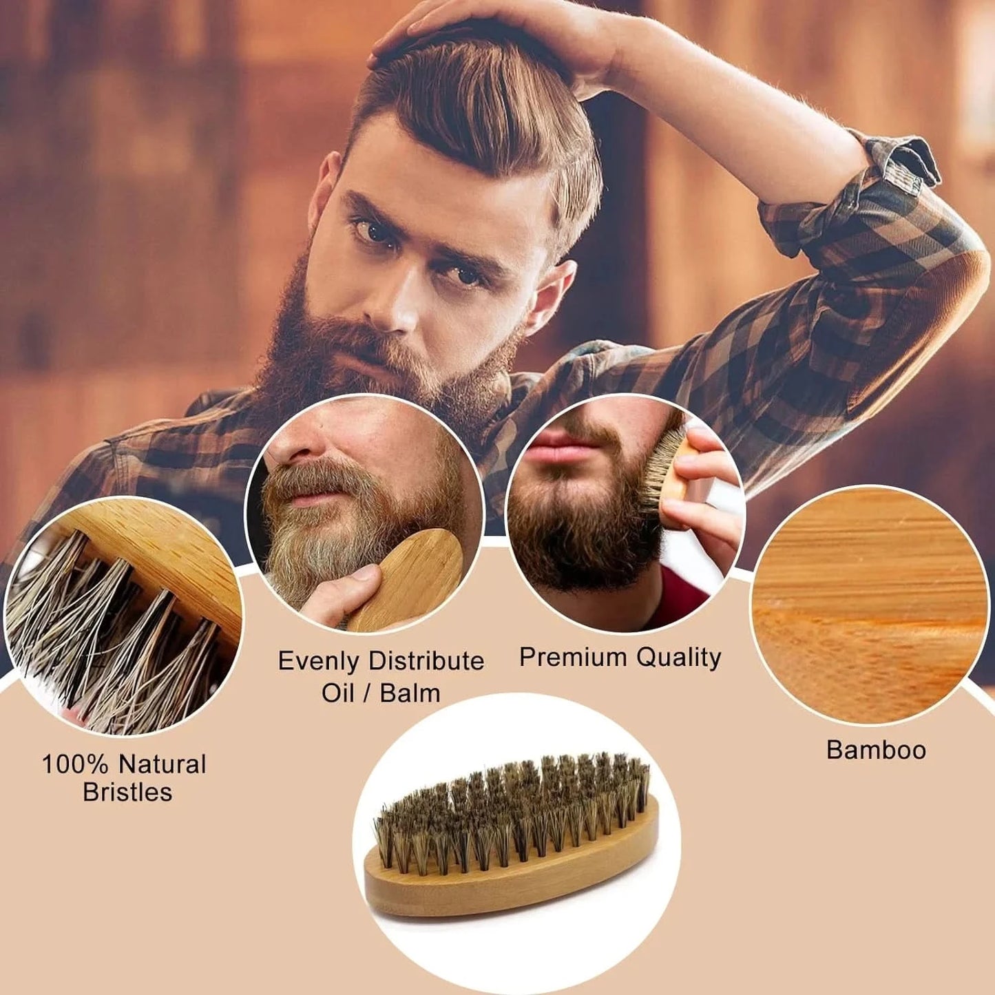 Men Shaving Bamboo Brush Comb Set Boar Bristle Portable Barber Beard Brush Comb Scissors for Facial Cleaning Styling Tool - M & M Global