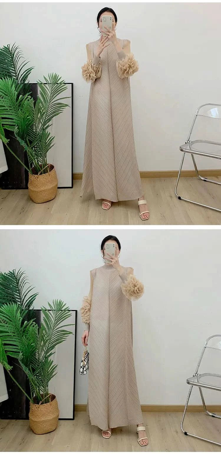ANLAN Miyake Pleated Maxi Long Dress Mesh Petal Sleeve Half Turtleneck Formal Dresses for Women 2024 New Hot Sales 6KK9927 - M & M Global