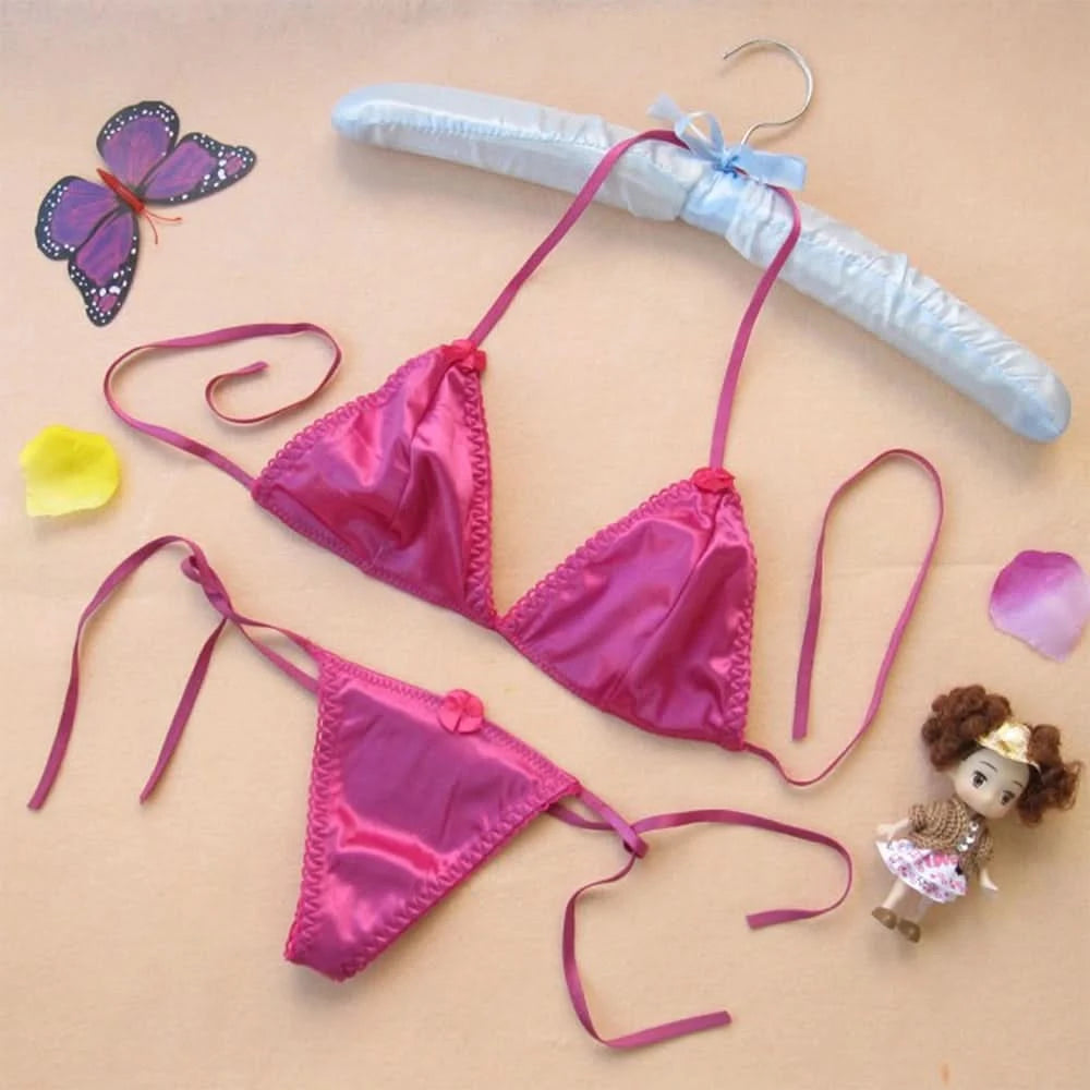 Sexy Lingerie Set Womens Satin Silk Thong Underwear Bra Panties T-back Lace Up Top Briefs Bikini Beach Swimming Bathing Suit - M & M Global