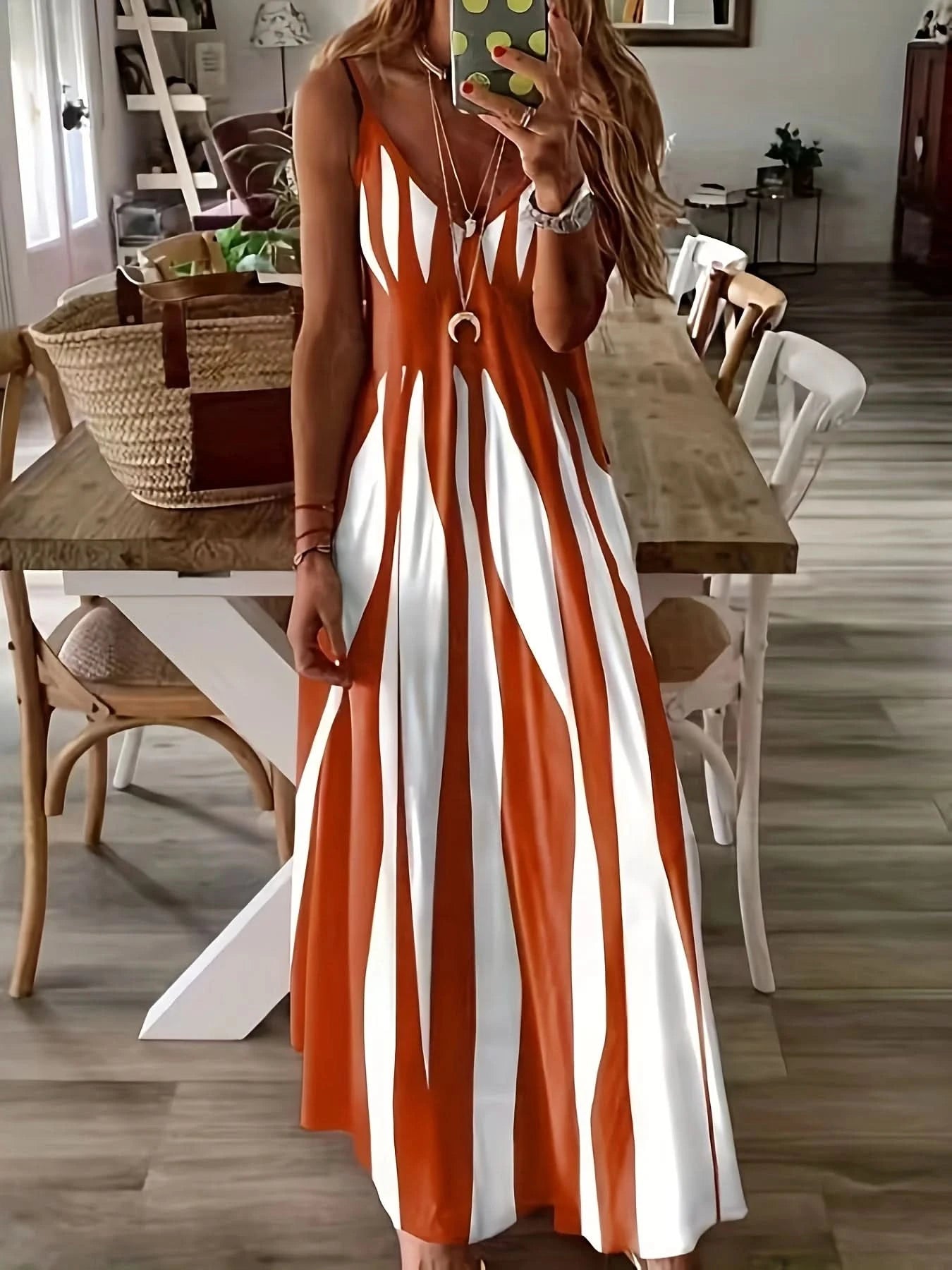 Large size positioning printed spring/summer new V-neck long dress dress - M & M Global