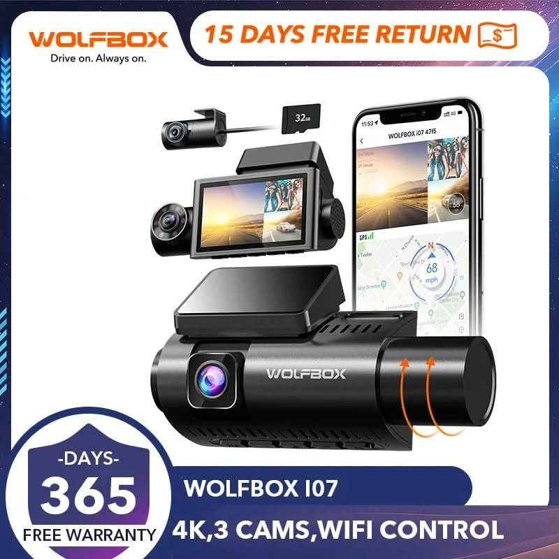 WOLFBOX I07 Dash Cam 3 Channel Dash Camera for Car Front and Rear 4K Dash Camera with GPS WiFi Car Dvr for 170 FOV WDR - M & M Global