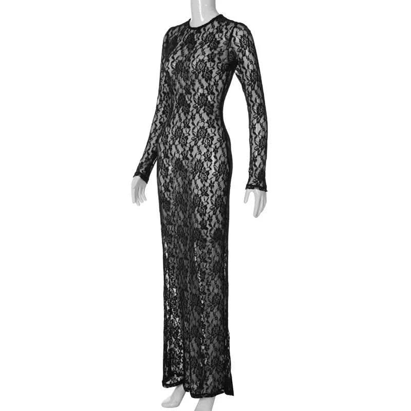 Autumn Fall Women Sexy Lace See Through Streetwear Bodycon Black Long Dress Wholesale Items For Business - M & M Global