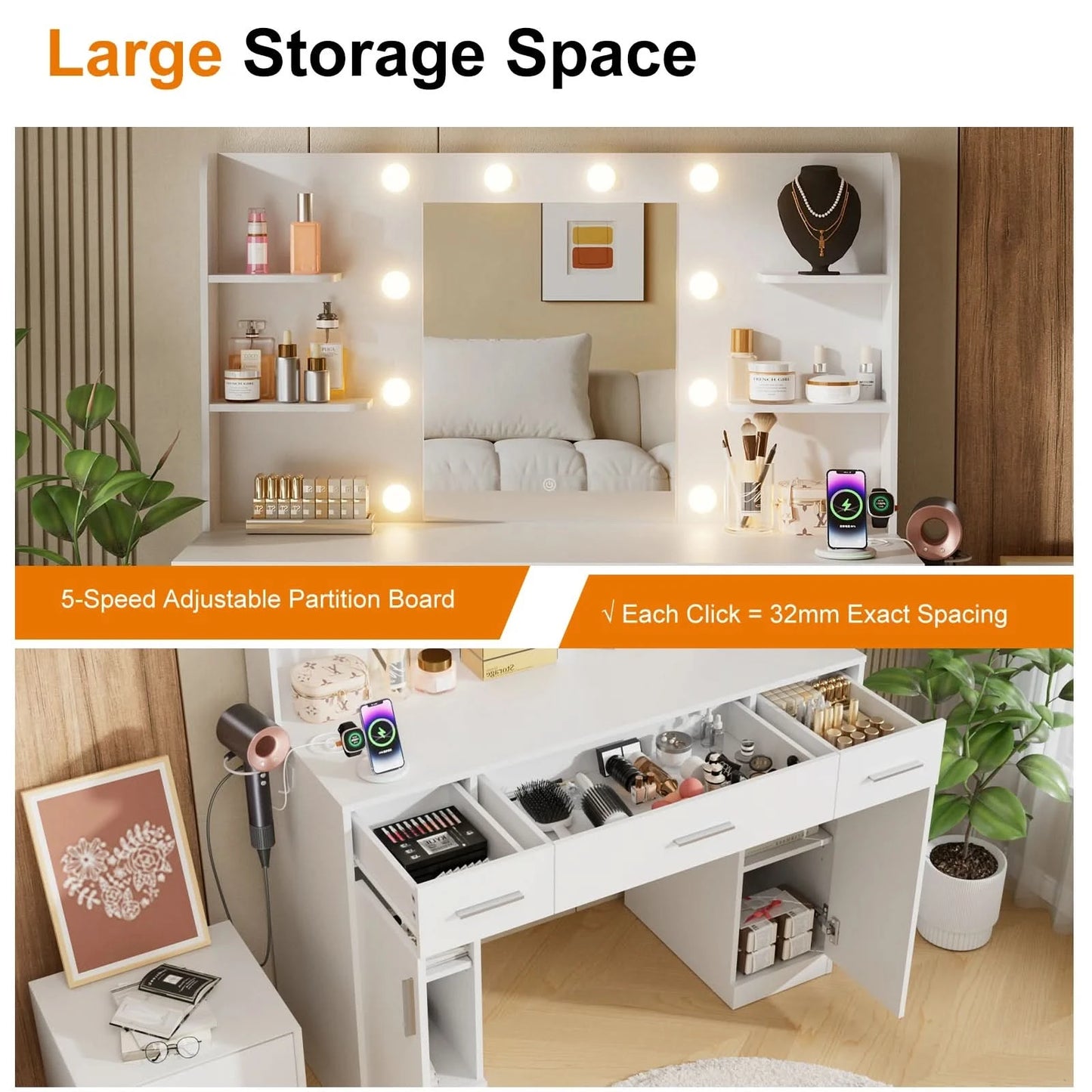 JHK Desser For Bedroom Vanity Desk with Mirror and Lights Adjustable Brightness with 2 Storage Cabinets 3 Drawers 6 Shelves