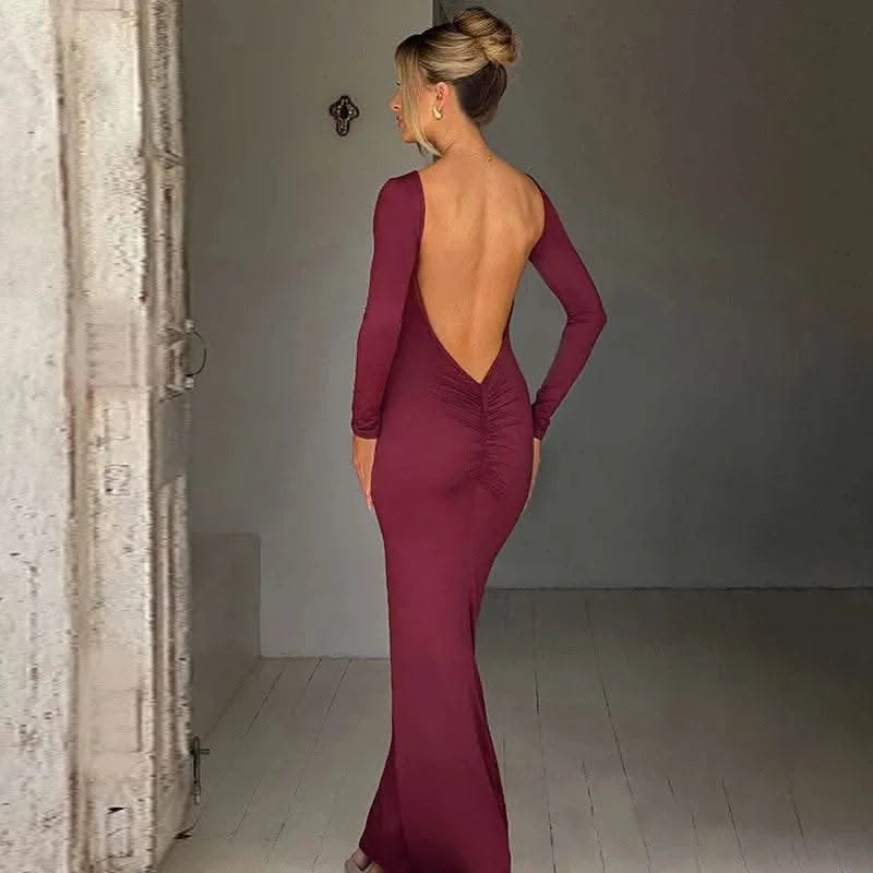 Dulzura O-Neck Long Sleeves Ruched Backless Maxi Dress Solid Sexy Elegant Long Dress Women’S Party Prom Clubwear Autumn Winter - M & M Global
