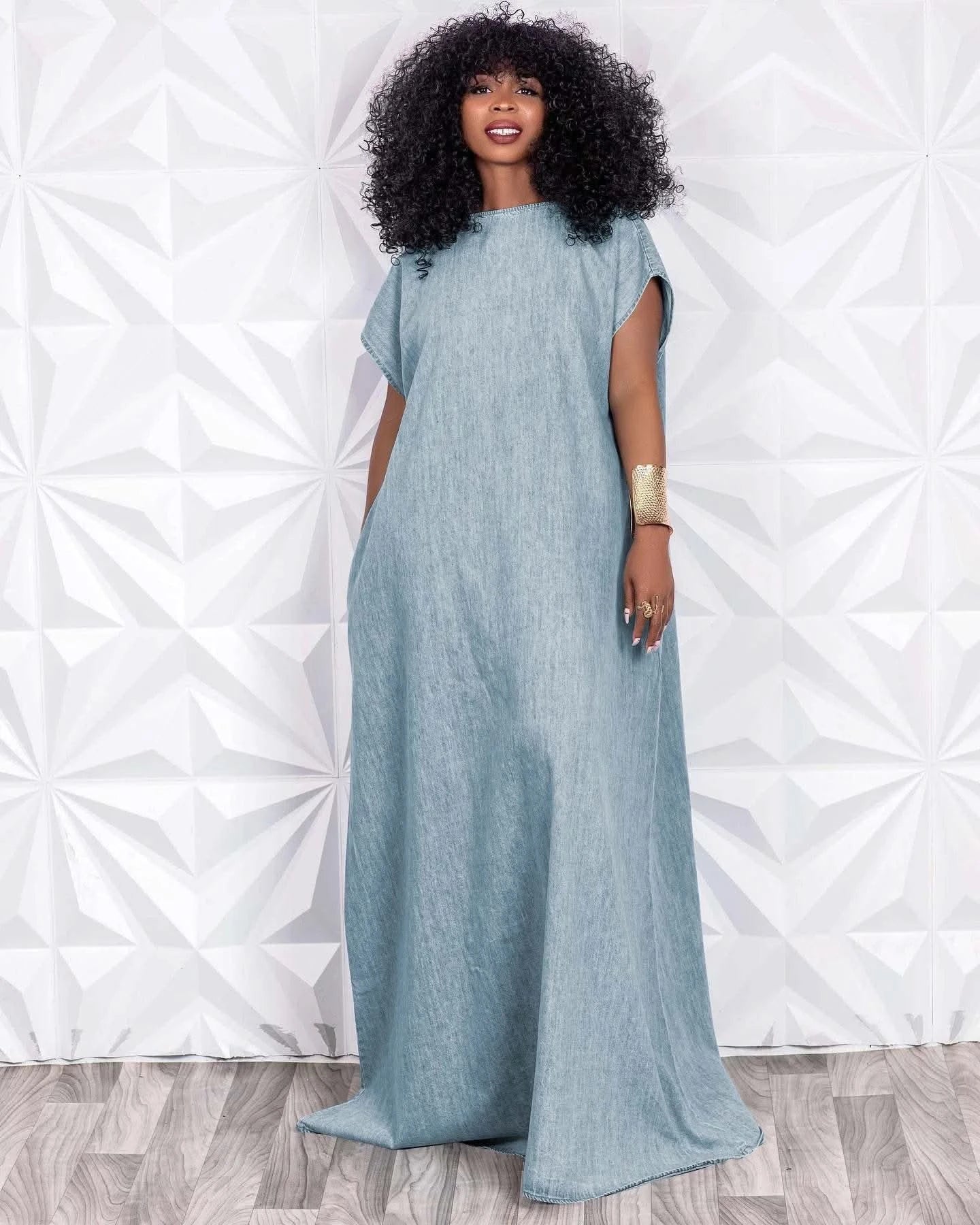 CM.YAYA Vintage Women Fashion Batwing Short Sleeve Denim V-back Loose Slim Maxi Long Dress 2023 High Street Vestido Jean Dresses - M & M Global