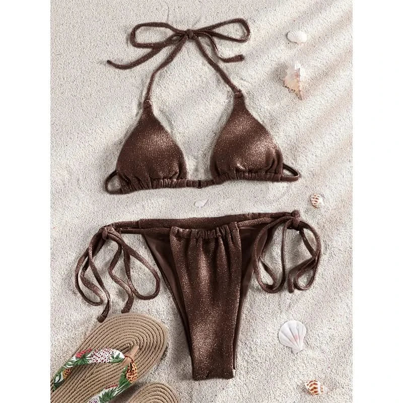 Solid Color Bikini Set Shiny Swimwear Women Shiny Swimsuit Bandage Bikinis Micro Thong Biquini Brazilian Beachwear - M & M Global