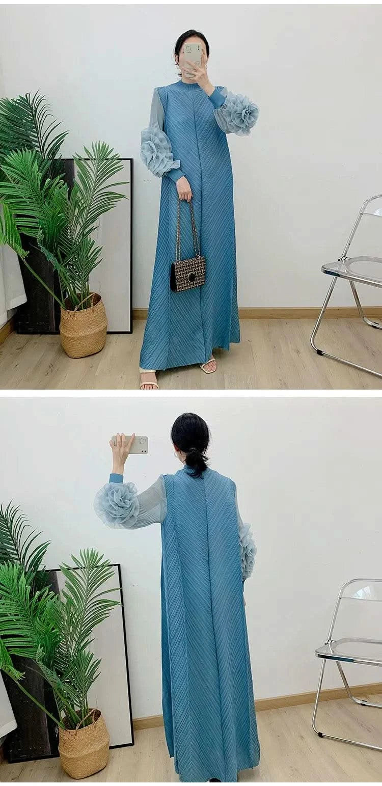 ANLAN Miyake Pleated Maxi Long Dress Mesh Petal Sleeve Half Turtleneck Formal Dresses for Women 2024 New Hot Sales 6KK9927 - M & M Global