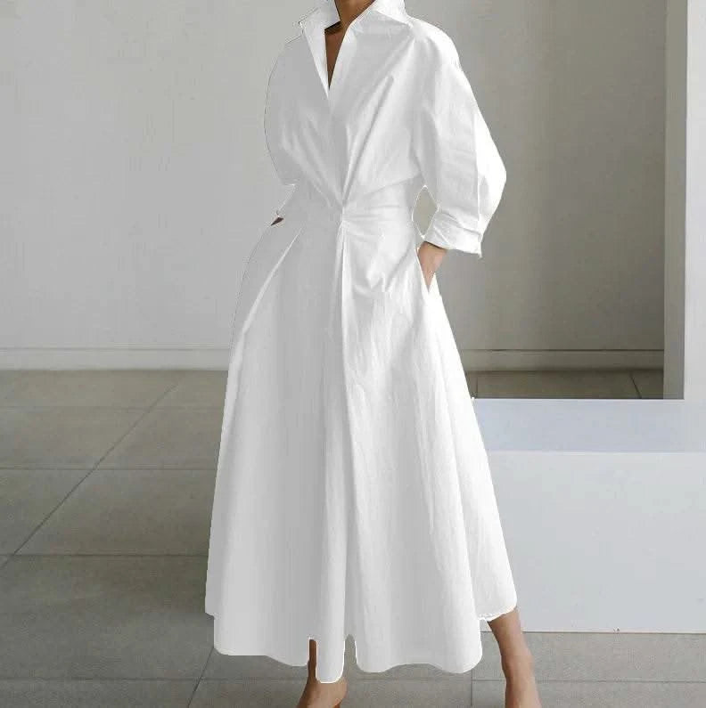 Autumn Dress Long Sleeve Dot Print Elegant Maxi Dresses For Women 2023 White Casual V Neck Shirt Party Long Dress Robe Femme - M & M Global