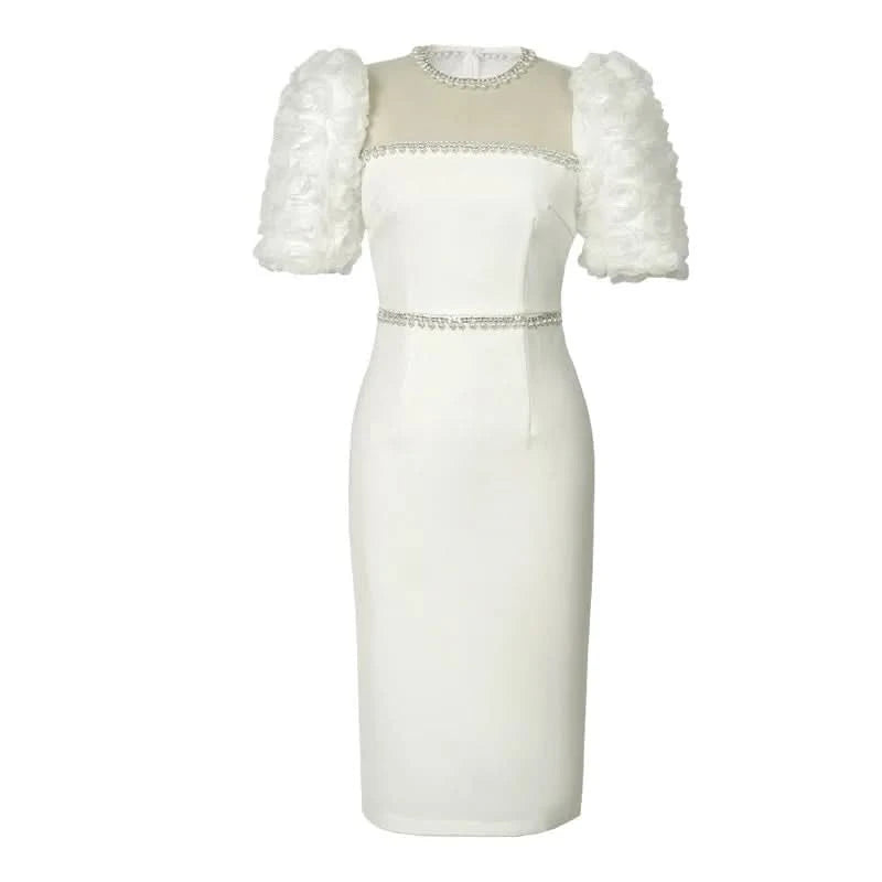 Fashion Elegant Formal Dresses Sweet Celebrity Beaded White Long Dress Sheer Mesh Flowers Split Robe Femme Prom Party Vestidos - M & M Global