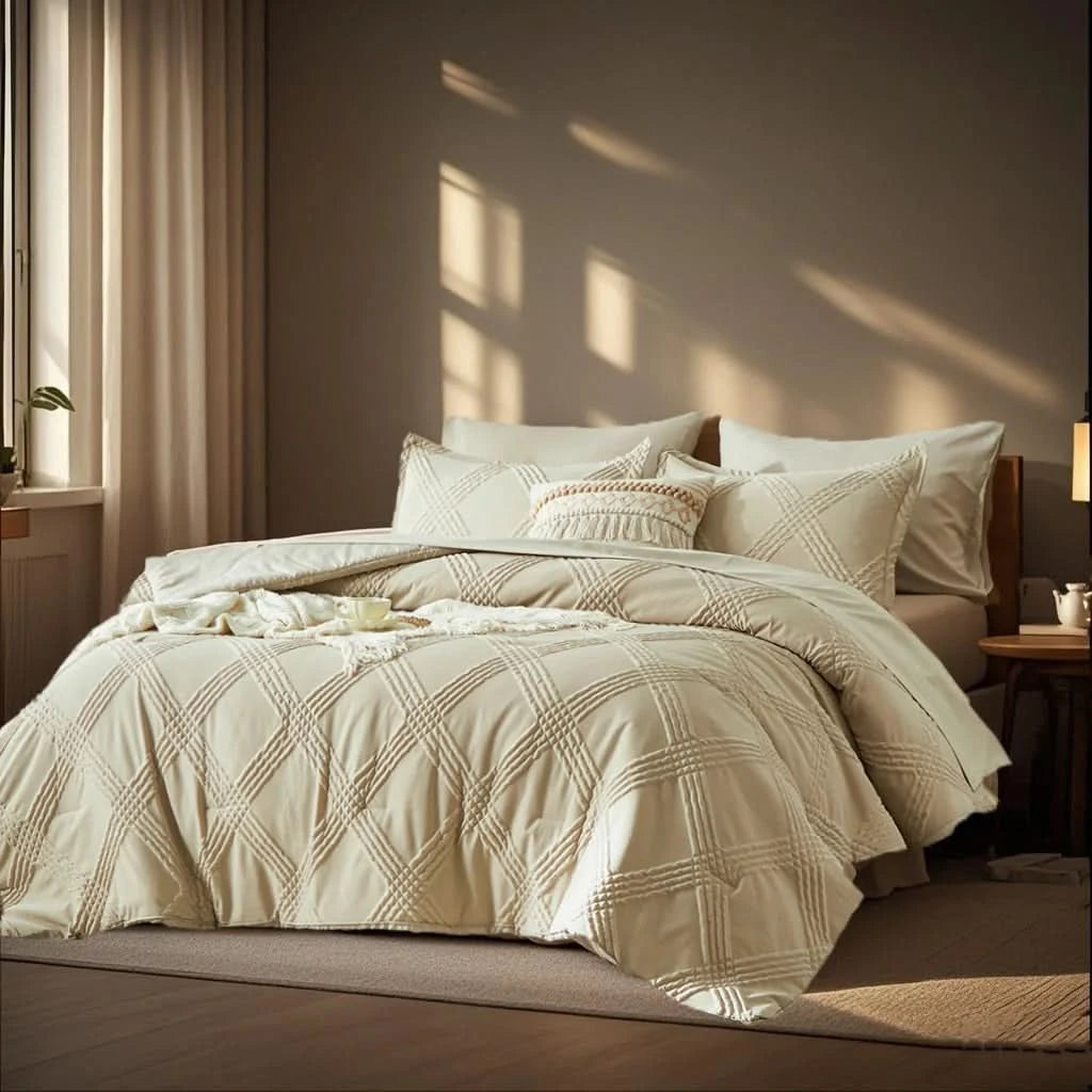 Neatly made bed with beige quilt and pillows in a softly lit bedroom.
7-piece comforter set
Brushed microfiber bedding
Ultra-soft quilt set
Lightweight comforter set
Machine washable bedding
All-season bedding set
Luxury bed set queen size
Bedding gift set
Modern bedroom decor