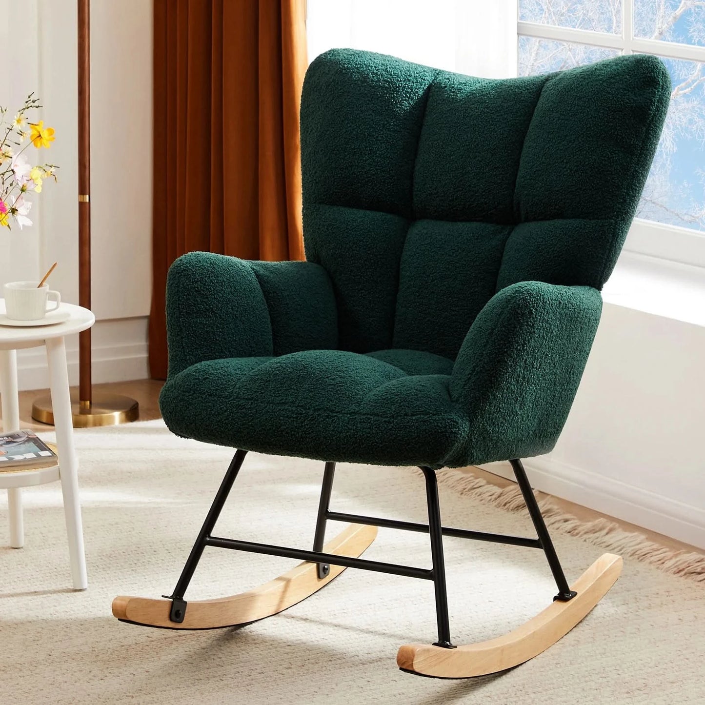 JHK Teddy Fabric Upholstered Glider With High Backrest,Padded Seat, Accent Recliner,Cushion Rocker Armchair,Bedroom Furniture