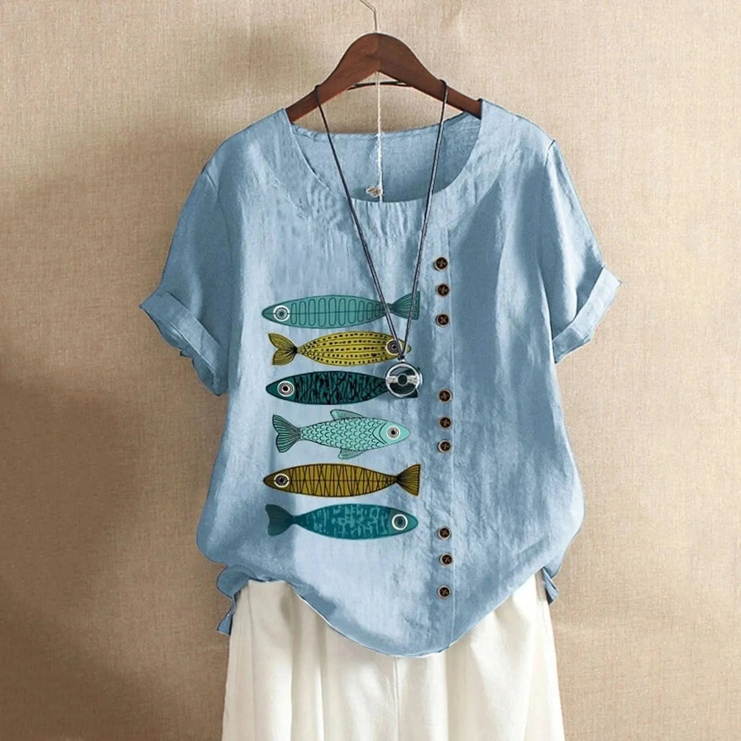 Women Casual Top Boho Short Button Sleeve Loose Blouse Print Fish Shirt Women'S Blouse Casual Cotton And Linen Top Top Mujer - M & M Global