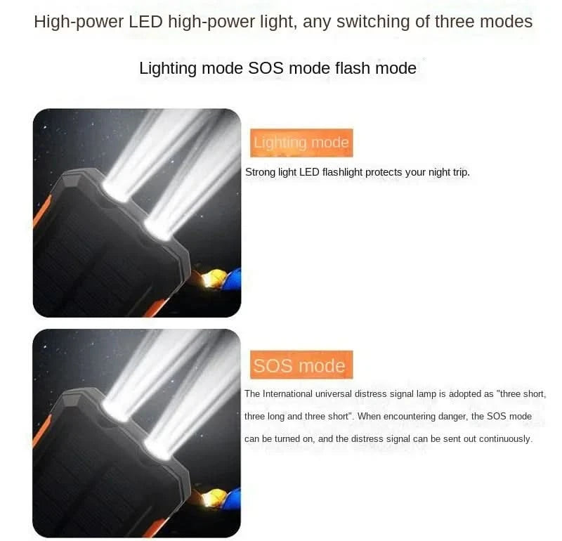 BCAK Brand Power bank Outdoor 200000mAh Large Capacity Solar Power Bank Portable With Lanyard Compass External Battery Camping - M & M Global