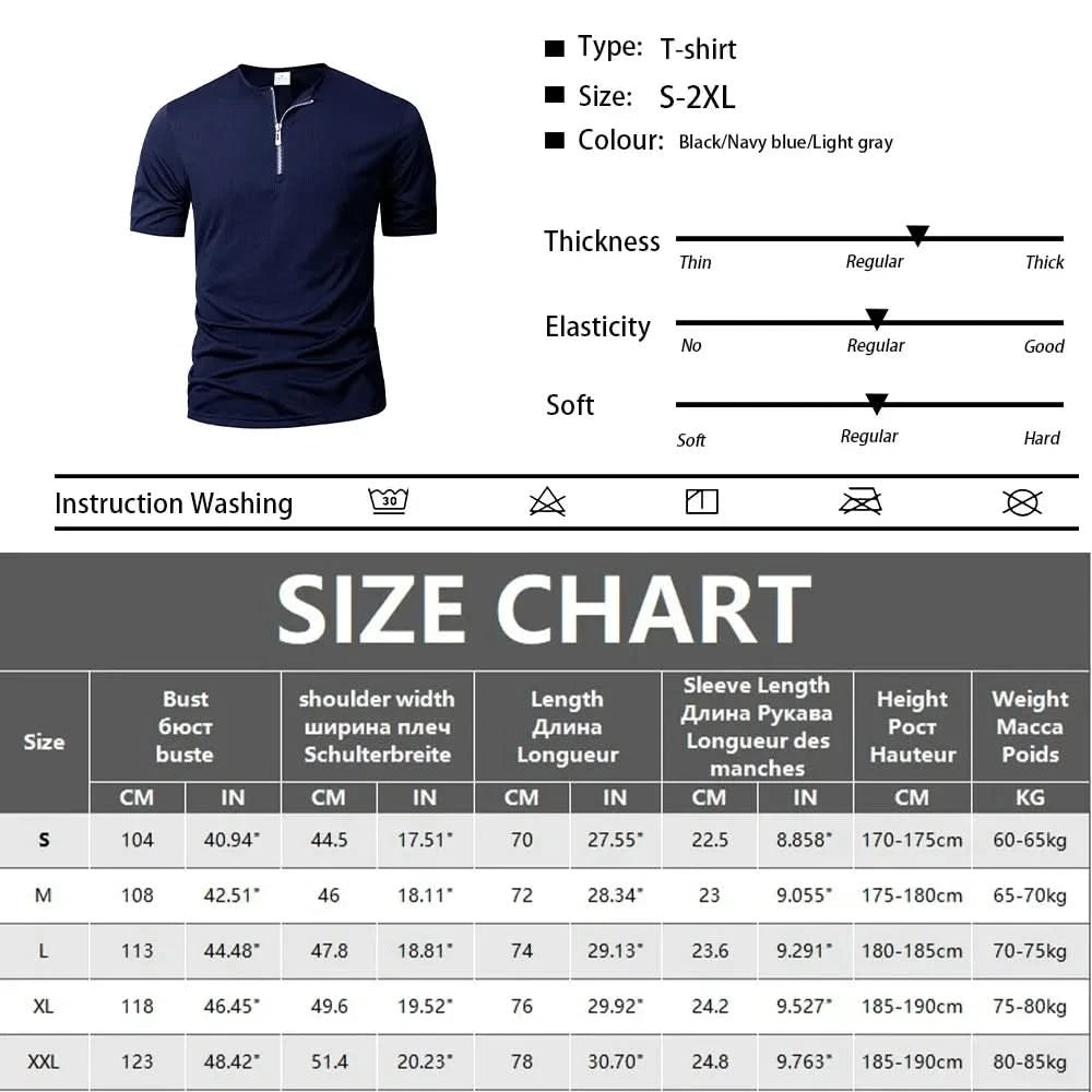 Summer Men's Short Sleeve Solid Color Zipper Collar Shirt Casual Sports T-Shirt Streetwear Daily Outdoor Activities Men's Top - M & M Global