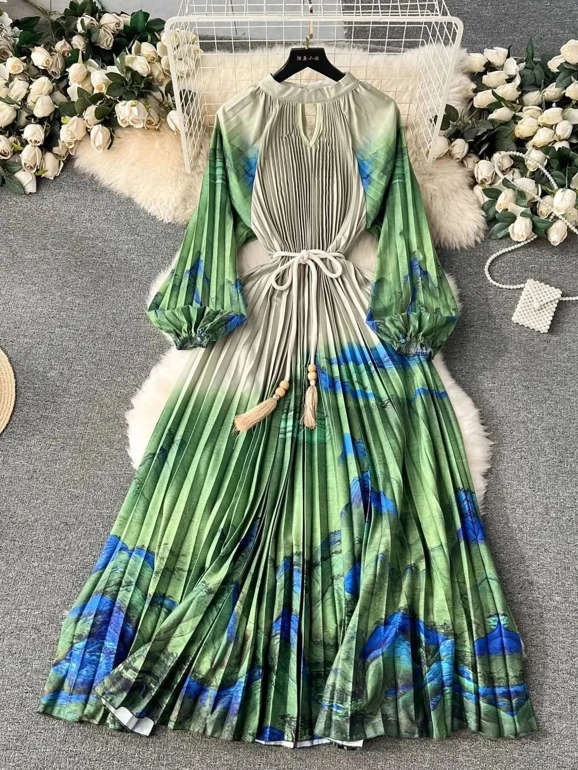 Spring Holiday Print Long Dress For Women Fashion Loose Lantern Sleeve Party Robe Female Big Swing Tassels Belt Pleated Clothes - M & M Global