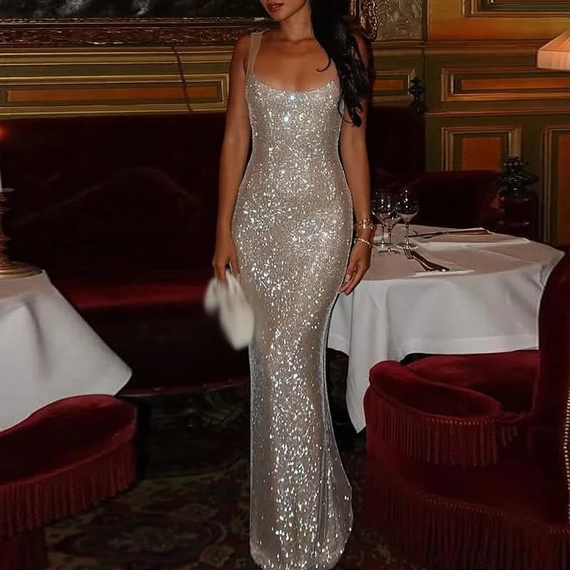 Fashion Rhinestone High Waist Slim Long Dress New 2024 Lady Sexy Off Shoulder Party Dress Casual Backless Hollow Suspender Dress - M & M Global