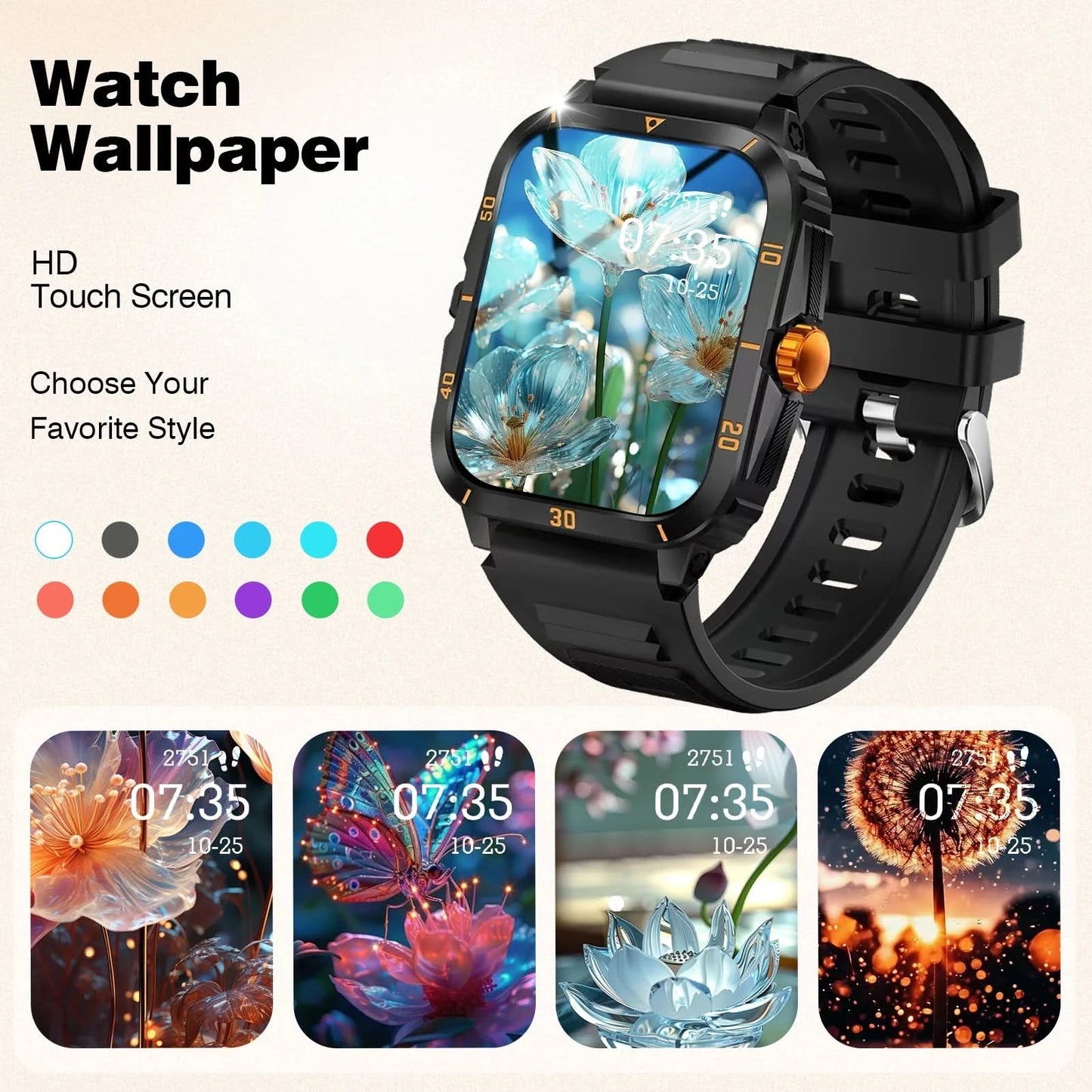 2.01 Inch Full Touch Screen Smart Watch, Wireless Calls, Message Reminders, Weather Forecast, Suitable for iPhone/Android Phones