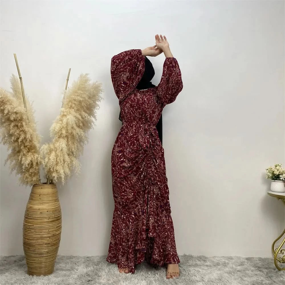Muslim Women's dress Casual print bark crepe long dress Zipper collar long sleeves loose Muslim maxi dress - M & M Global
