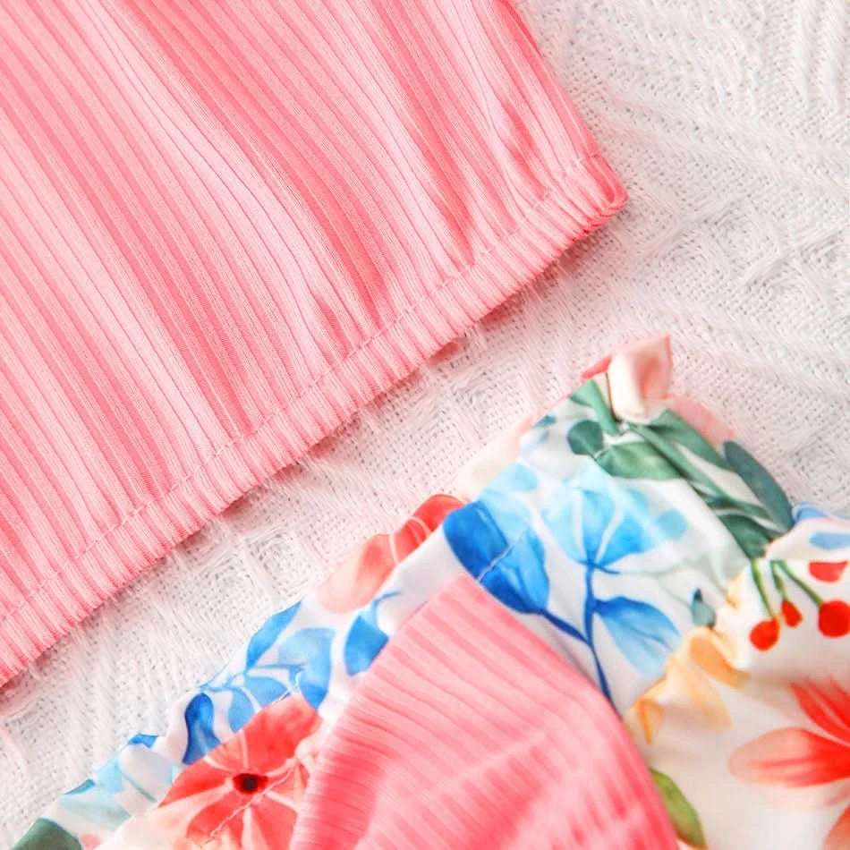 Girls Children Fashion Suit One Shoulder Top & Shorts Printed Floral Girl Summer Suspender Set Birthday Gift Fashion Suits - M & M Global