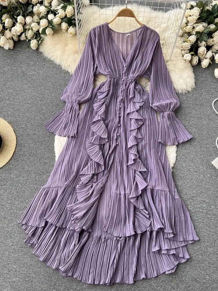 Purple/Brown/Red Chiffon Pleated Long Dress Women Vintage V-Neck Flare Sleeve Draped Ruffle Vestido Female Maxi Robe Spring Fall - M & M Global