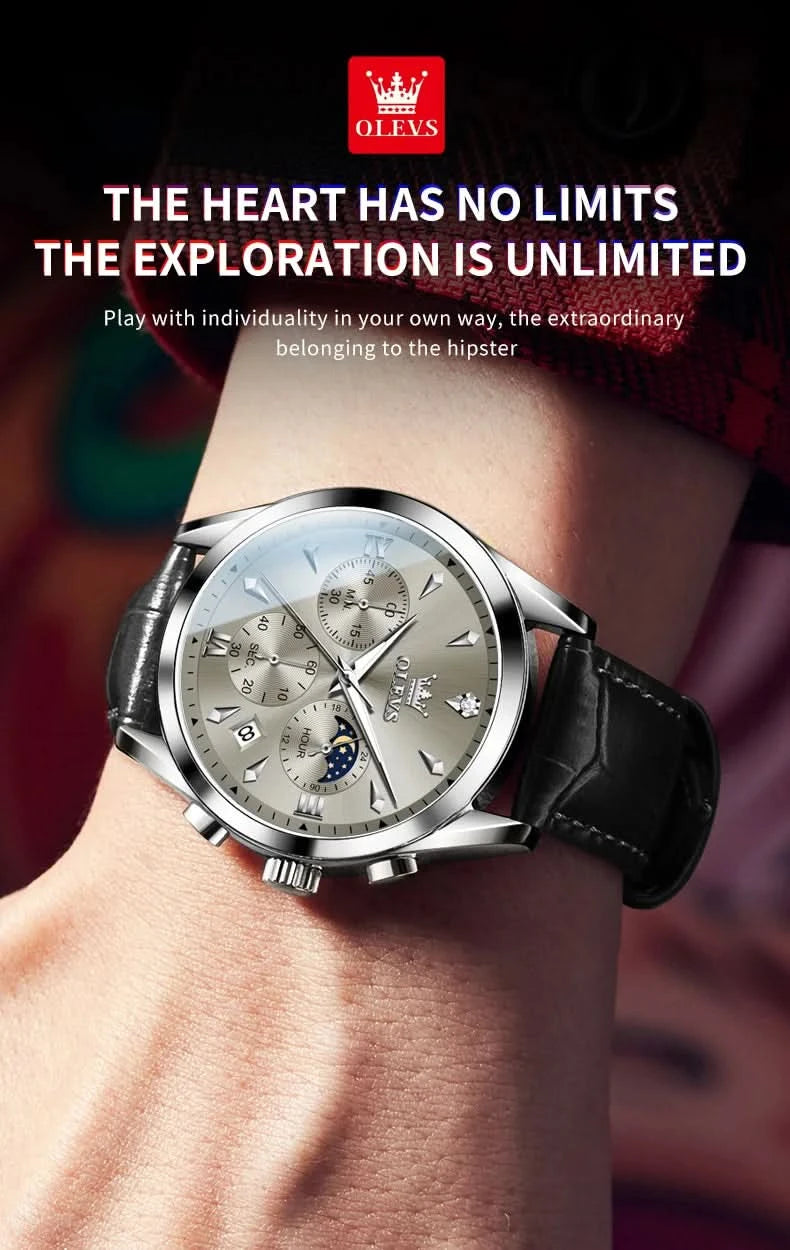 OLEVS Original Watch Leather Strap Moon Phase Luminous Quartz Watches for Man Waterproof Calendar Business Trend Wristwatch - M & M Global