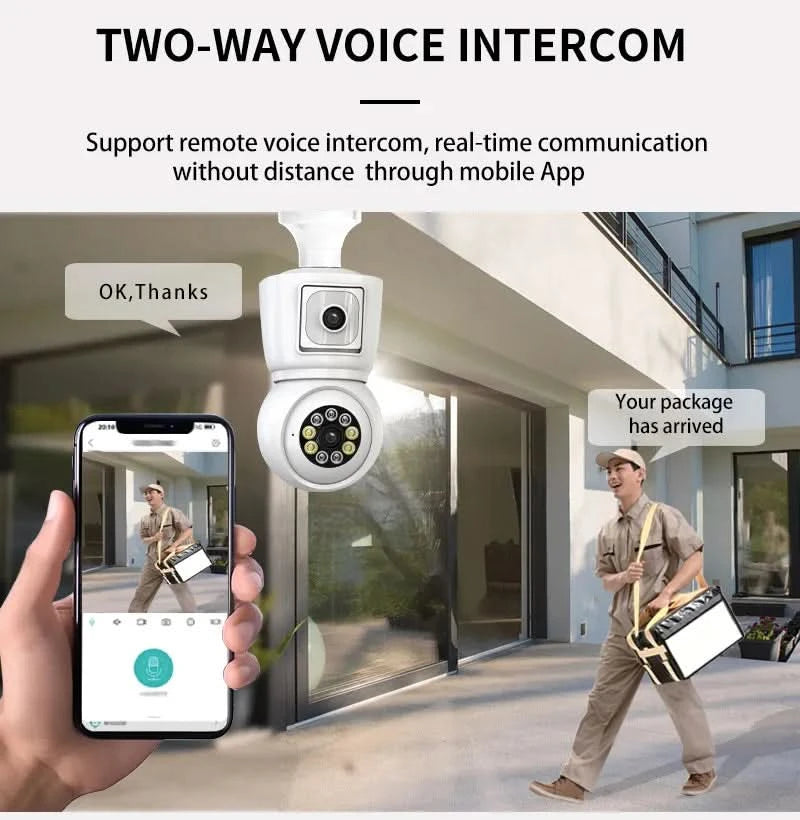 ICSEE 4K 8MP E27 Bulb WiFi Camera Dual Lens Dual Screen Auto Tracking Two Way Audio Color Night Vision Outdoor Security Camera - M & M Global
