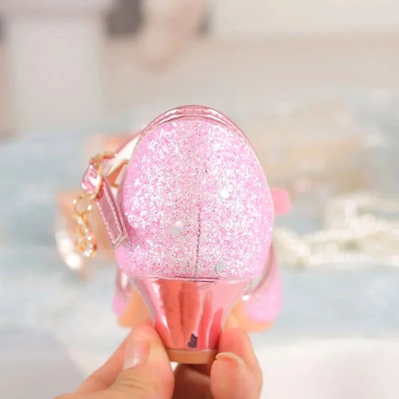 Summer Girls Sandals With Heel Fashion Rhinestone Shiny Glitter Shoes Children Princess Bowtie Pearl Dancing Shoes H876 - M & M Global