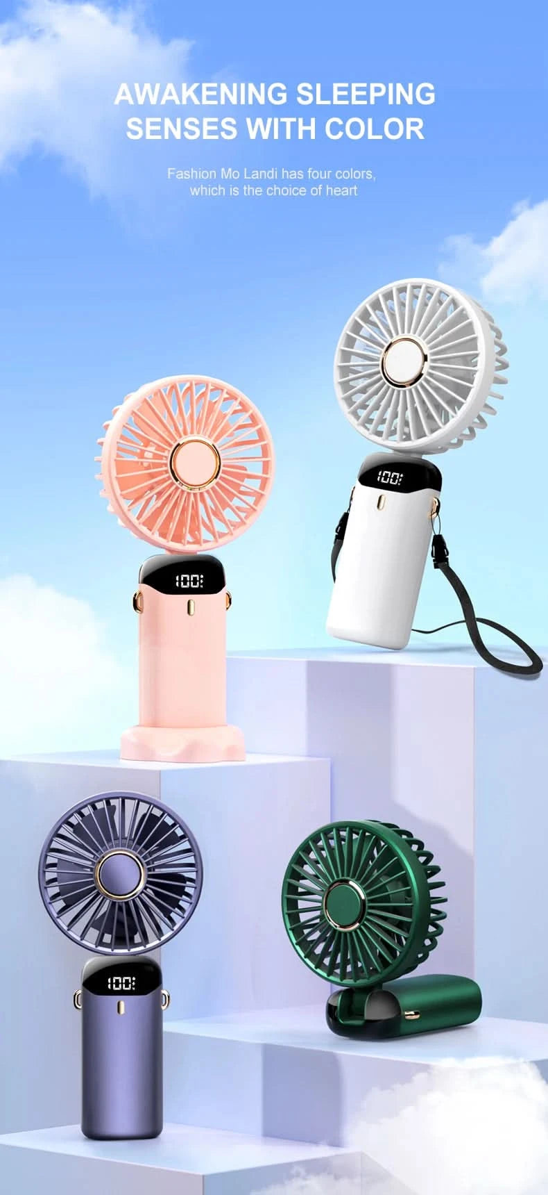 USB Handheld Mini Fan Foldable Portable Neck Hanging Fans 5 Speed USB Rechargeable Fan with Phone Stand and Display Screen - M & M Global