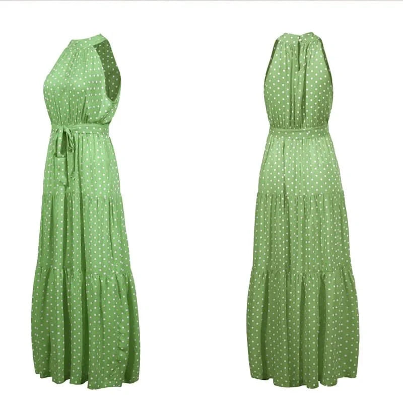 Summer Floral Print Halter Neck Dresses For Women Sleeveless Leace-up Long Dress Casual Beach Holiday Vestidos Female Clothing - M & M Global