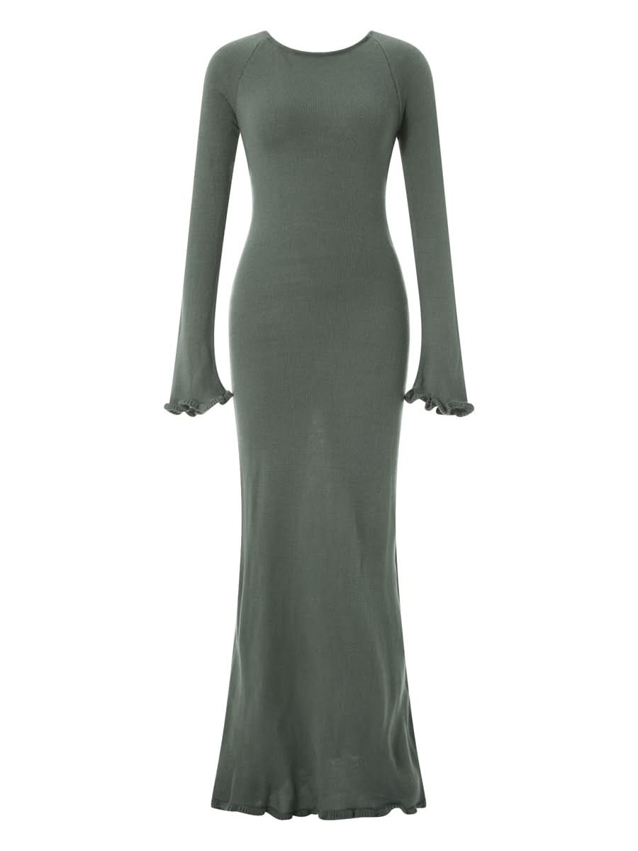 Women's Autumn Winter Knitted Bodycon Dress Long Sleeve Tie Backless Round Neck Solid Color Ruffle Trim Long Dress Beachwear - M & M Global
