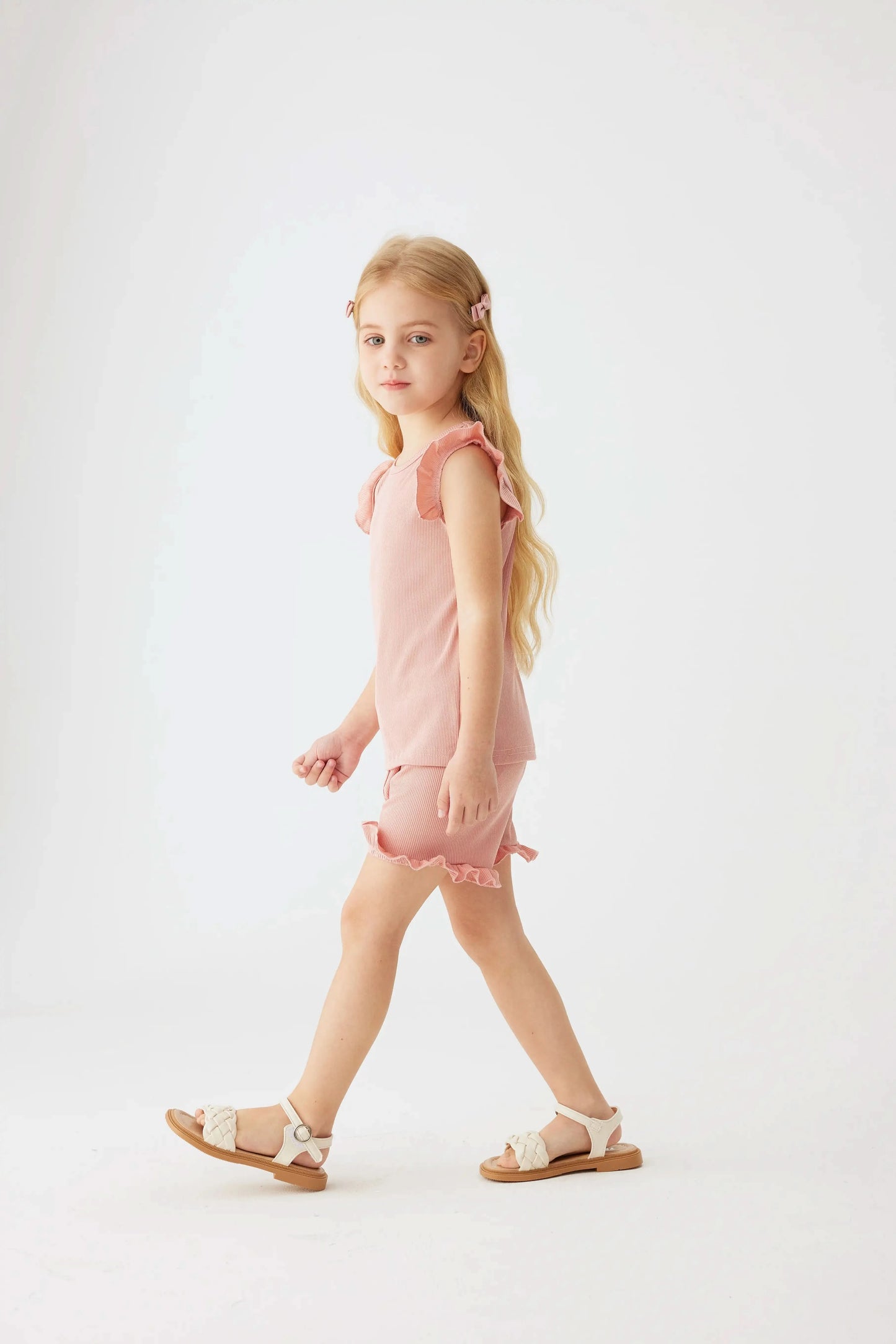 2024 Summer Hot selling Little Girl Daily Casual Clothing Minimalist Little Girl Polyester Set Cool Sleeveless Shorts Set Girl - M & M Global