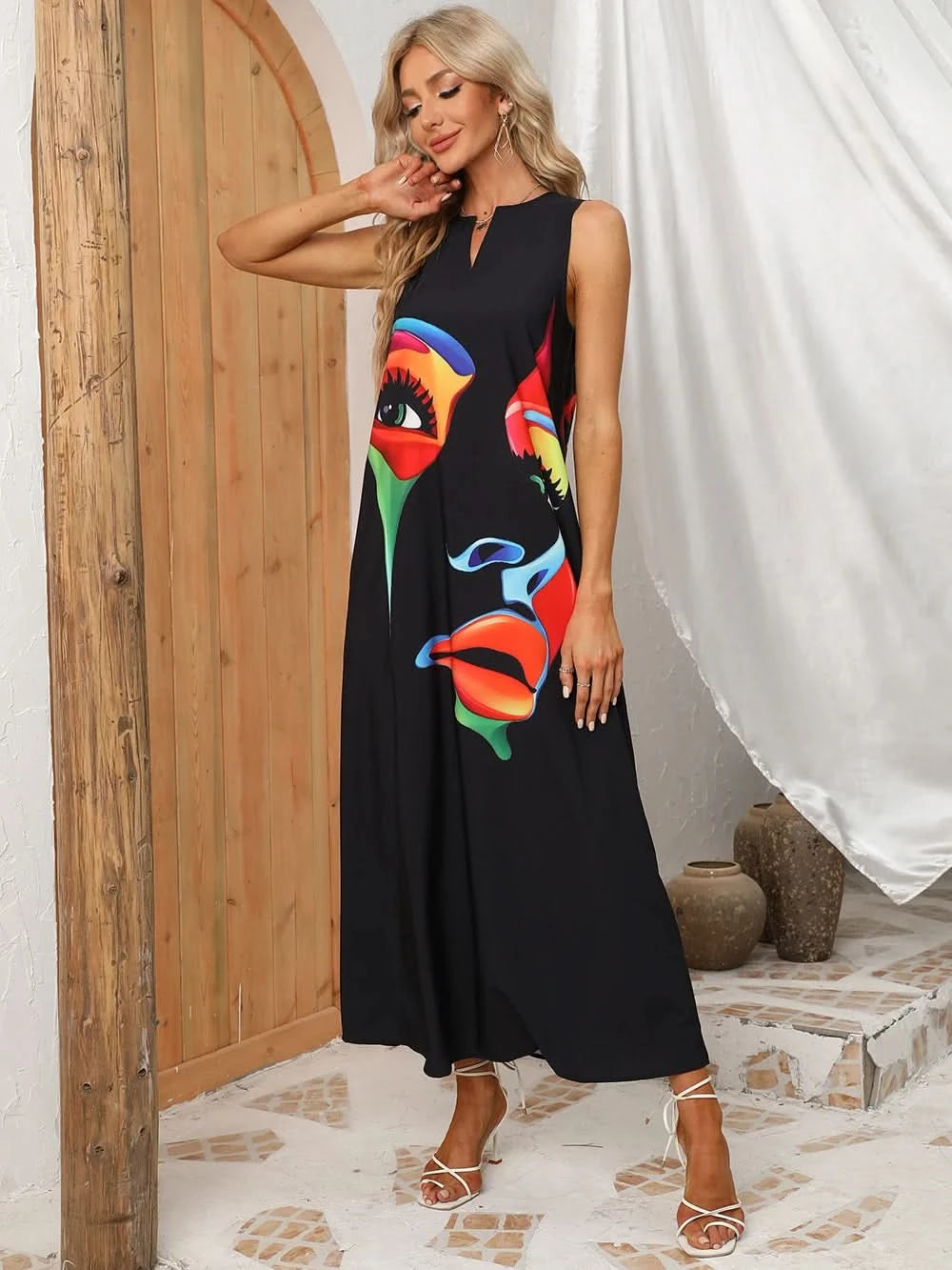 Lady Spring Summer Black Long Dress Sleeveless Red Petals Print Elegant Dresses For Women 2023 Party Beach Women Dress - M & M Global