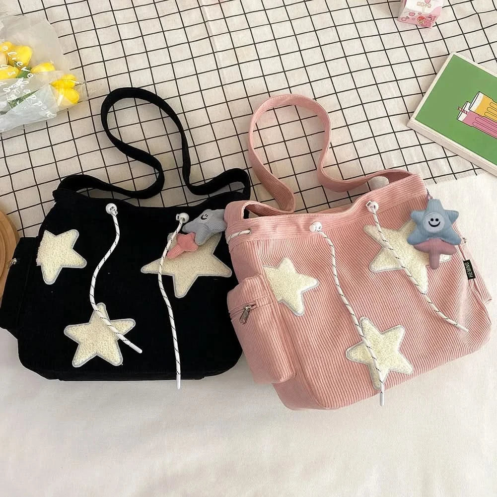 Women Star Pattern Corduroy Crossbody Bag Casual Tote Lady Fashion Large Capacity Shoulder Bag Girl Travel Messenger Bag Handbag - M & M Global
