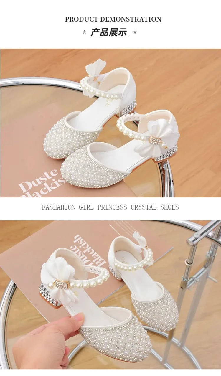 Rhinestones Princess Party Shoes Shiny Crystal Bow White Children High Heels Girls Sandals Summer Kids Student Performance Shoes - M & M Global