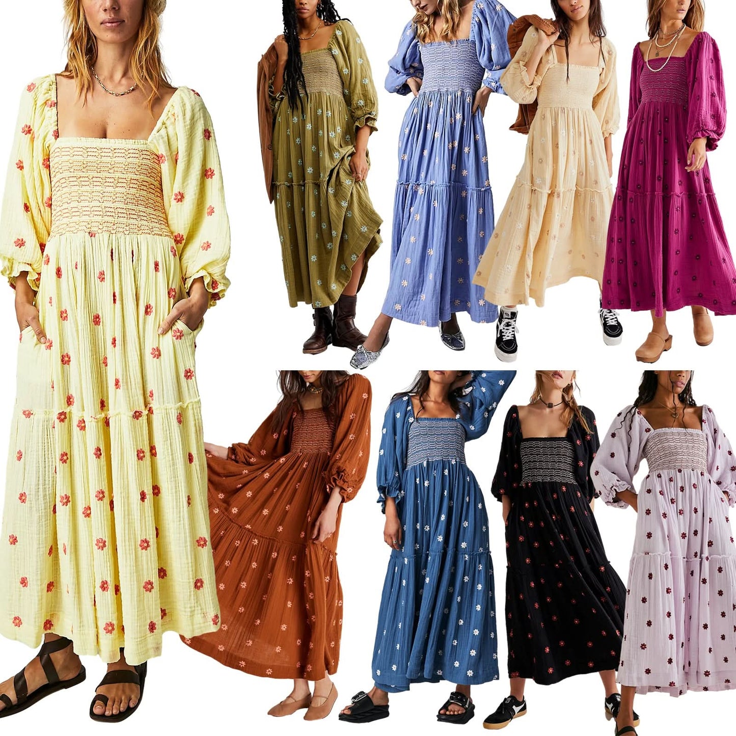 Women's Flower Embroidered Long Dress Bodycon Lantern Sleeve Square Neck Tiered Flowy Dress Bohemian Summer Beachwear Dresses - M & M Global