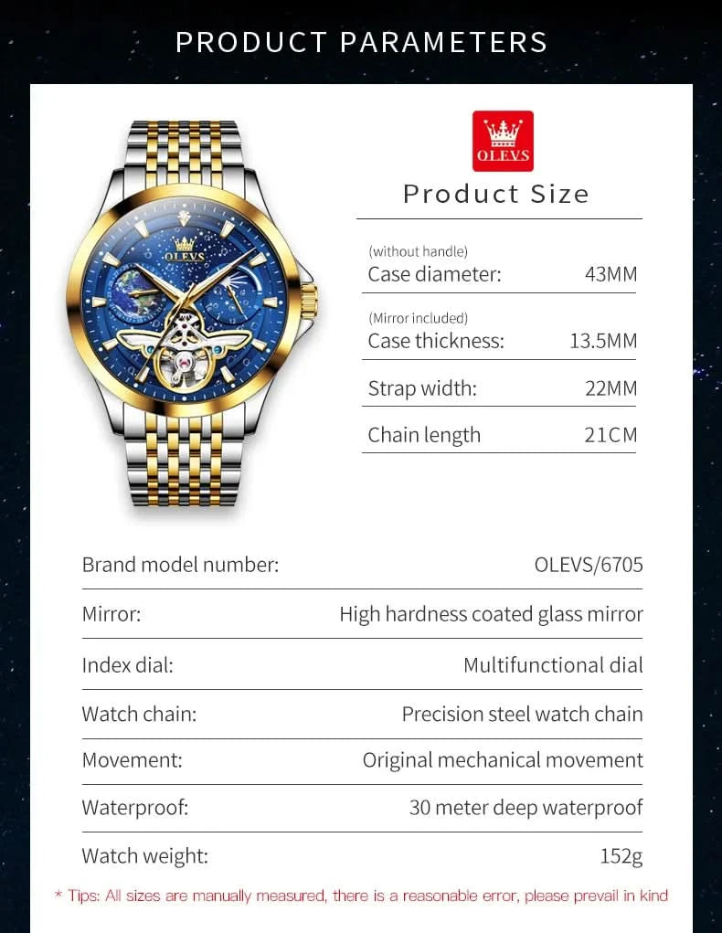 OLEVS Luxury Brand Men's Watches Luminous Waterproof Fully Automatic Mechanical Watch Starry Sky Dial Moon Phase Hollow Out - M & M Global