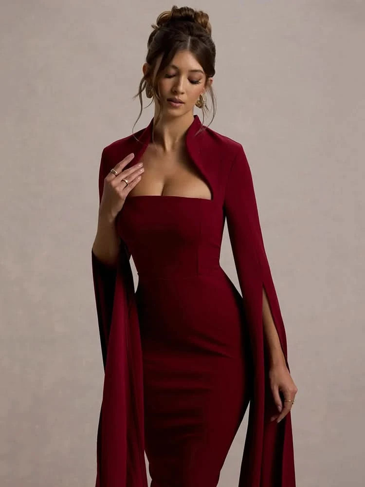 Mozision Cape Long Sleeve Sexy Midi Dress For Women Autumn Winter New Square Collar Back Slit Bodycon Club Party Long Dress - M & M Global
