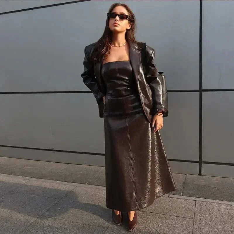 PU Leather Strapless Dresses Coat Women's Two Pieces Set Vintage Tube Sleeveless Slim Long Dress Lapel Jackets Street Outfits - M & M Global