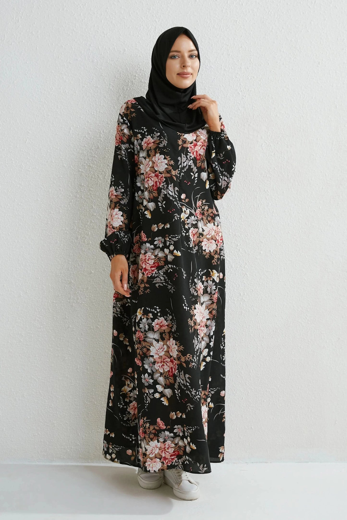 Muslim Dresses Women Maxi Dresses Mujer Vestidoes Female Loose Dresses Full Sleeve Printed Floral Casual Robe Long Dress - M & M Global