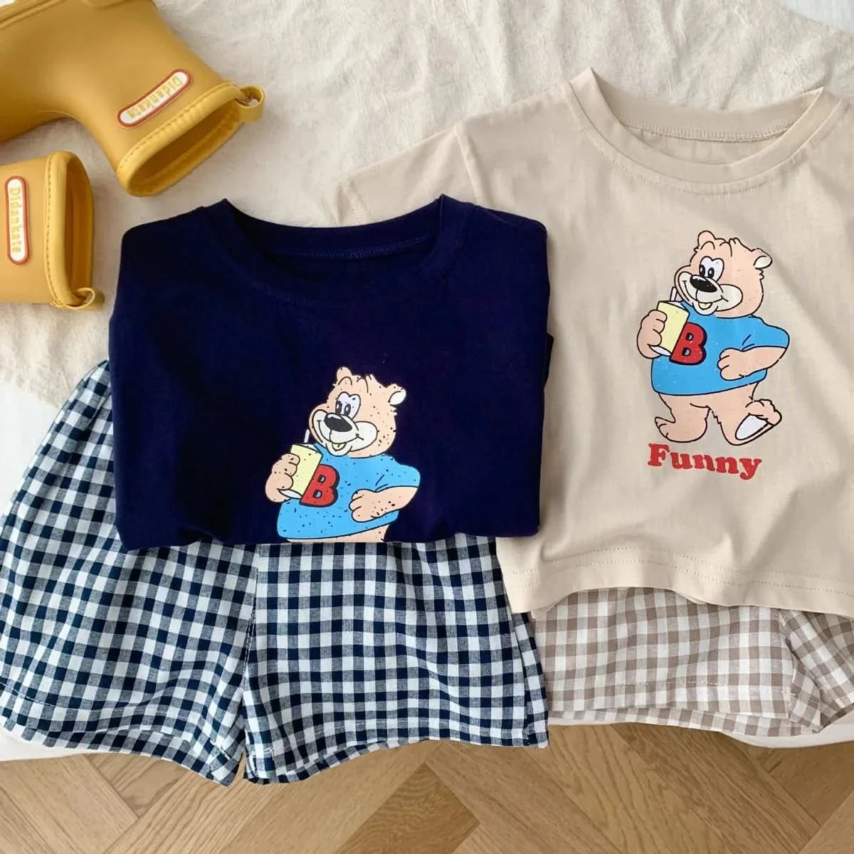 Popular Design Baby Boys T-shirt Suit Summer Clothes Cartoon Fashion Toddler Plaid Shorts Short Sleeve Set Children's Wear 6m-6y - M & M Global