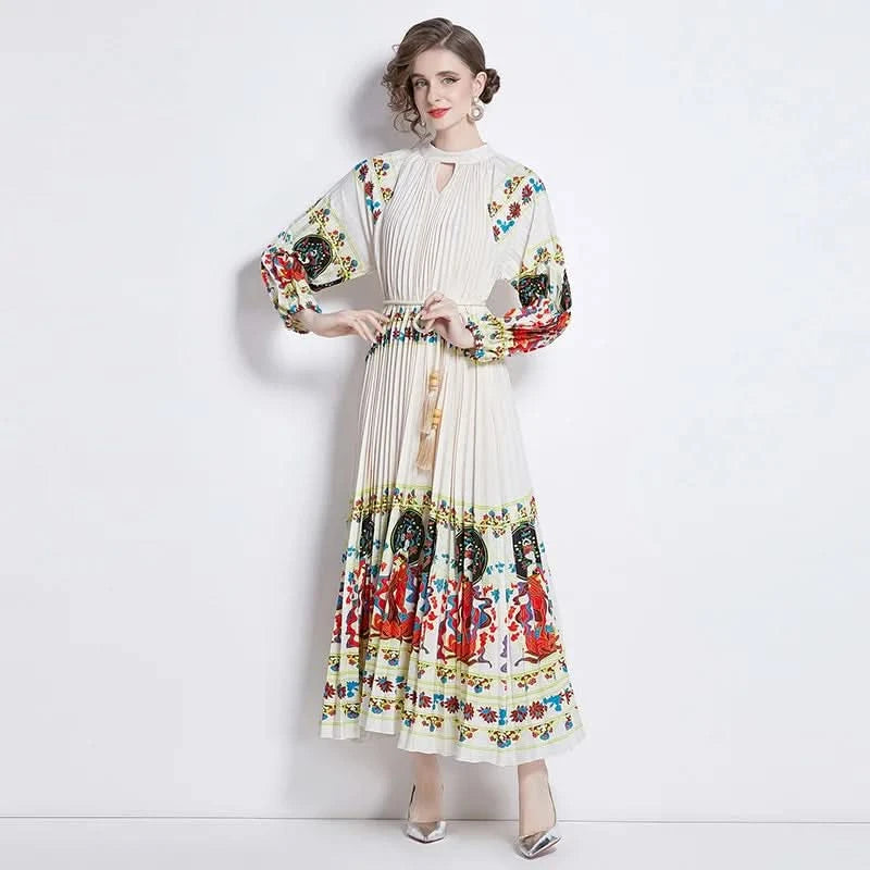 Spring Holiday Print Long Dress For Women Fashion Loose Lantern Sleeve Party Robe Female Big Swing Tassels Belt Pleated Clothes - M & M Global
